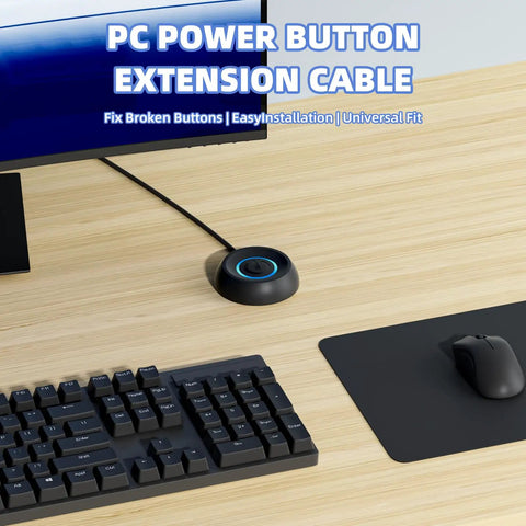 External Desktop PC Power Button With 118-Inch Cable And LED Indicator, deskside switch shown installed beside keyboard