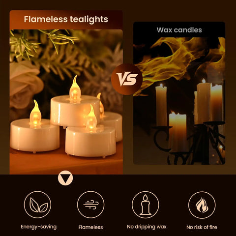 Comparison of Flameless LED Tea Light Candles 24 Pack With Realistic Flicker Warm Yellow Glow vs traditional wax candles.