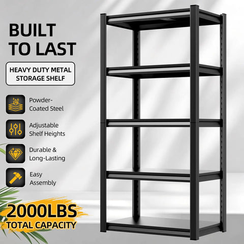 Heavy Duty Steel Storage Shelves 5 Tier Garage Shelving Unit 2 Pack 2000 Lbs Capacity with adjustable metal shelves.