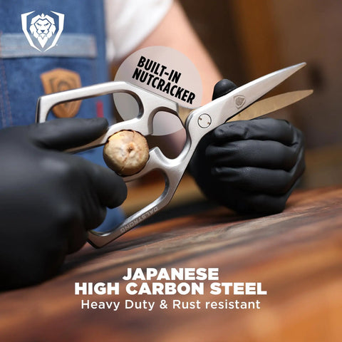 Ambidextrous Japanese Stainless Steel Kitchen Scissors For Spatchcocking Chicken, Trimming Fat, And Breaking Down Poultry, Also Great For Pizza, Flatbread, Herbs, Quesadillas, And Quick Package Opening, Detachable For Easy Cleaning. Japanese high carbon steel scissors cutting a nut