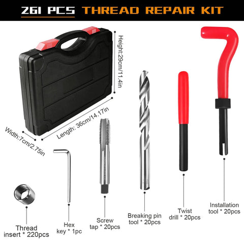 Helicoil Thread Repair Kit With 261 Pieces Includes Installation Tool, Twist Drill, Break Pin, Tap, Thread Inserts And Hex Keys For Metric M5 M6 M8 M10 M12 And SAE 1/4, 5/16, 3/8, 7/16, 1/2 Inch Rethreading Kit For Auto, Motorcycle, And Machinery components displayed with case.