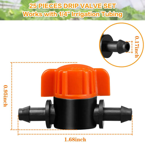 25 Pack One Quarter Inch Drip Irrigation Shut Off Valve Inline Cut Off Valve Fits One Quarter Inch Drip Tubing For Garden Lawn Watering Easy Flow Control Durable Inline Valve For Irrigation Systems, 1/4-inch black and orange valve