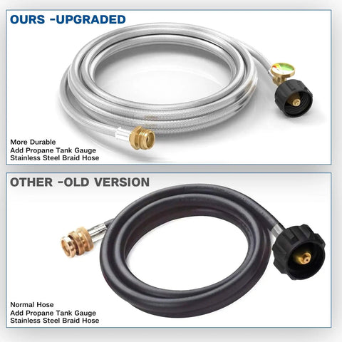 Comparison of 12Ft Stainless Braided Propane Hose With Gauge Connector 1lb To 20lb Tank Converter versus old rubber version.