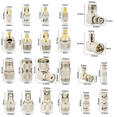 22 Piece SMA To BNC UHF Antenna Adapter Kit For Ham Radio CB Radio Scanner And SDR Coaxial RF Connectors arranged in grid.