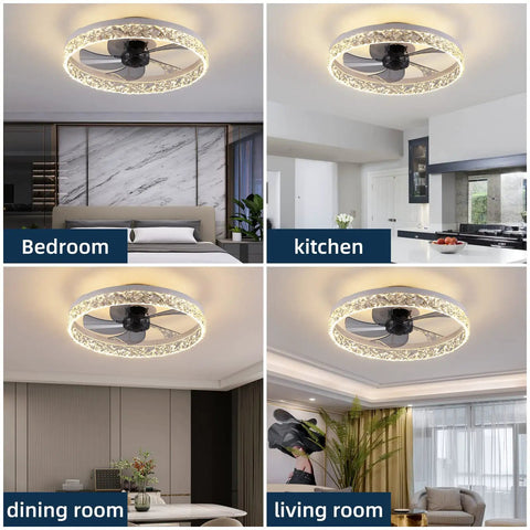 19.7 Inch Ceiling Fan With Lights Remote Control Dimmable LED Light 6 Speeds Reversible Blades Low Profile White Indoor Ceiling Fan Semi Flush Mount Kit in bedroom, kitchen, dining, and living room settings