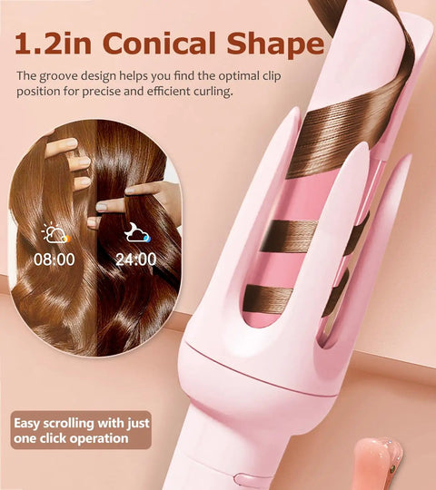 One Click Automatic Hair Curler With Four Heat Settings And Three Timer Options, pink rotating curling wand.