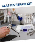 All In One Glasses Repair Kit Set With Assorted Screws Nose Pads Mini Screwdrivers And Accessories For Quick On The Go Eyewear Fixes At Home Or Travel Anywhere, visible with tools and case on a table
