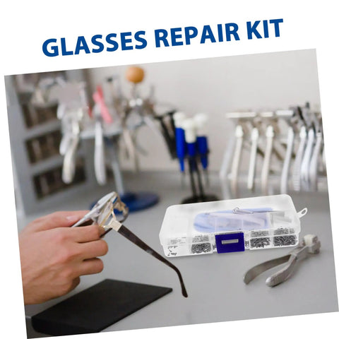 All In One Glasses Repair Kit Set With Assorted Screws Nose Pads Mini Screwdrivers And Accessories For Quick On The Go Eyewear Fixes At Home Or Travel Anywhere, visible with tools and case on a table