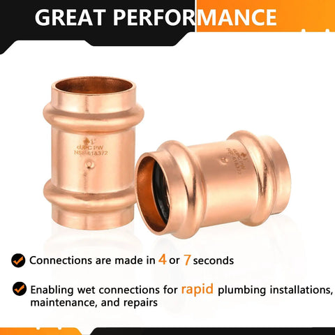 Heavy Duty 20 Pack 2x2 Lead Free Copper Press Couplings With Stop visible showing shiny copper finish, designed for quick plumbing connections.