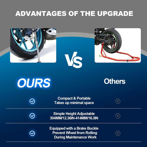 Comparison image showing Portable Universal Motorcycle Wheel Lift Stand For Easy Tire And Chain Maintenance And Cleaning No Fuss On The Go Jack and a standard lift stand highlighting advantages such as compact size and height adjustability.