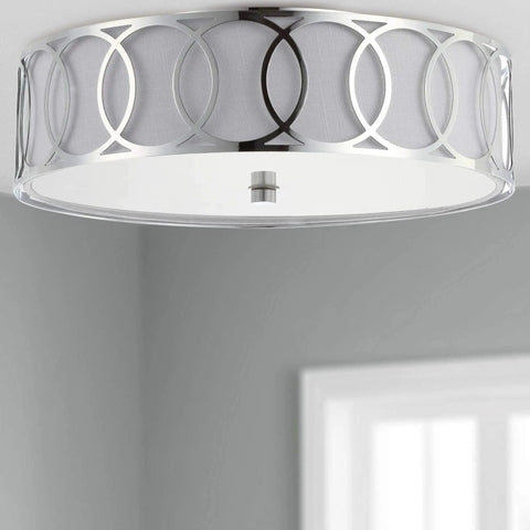 Dope Chrome Modern Metal LED Flush Mount Ceiling Light With White Linen Drum Shade And Geometric Fretwork Energy Saving Bulbs Included