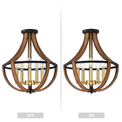 Dope Modern Farmhouse Gold Five Light Rustic Semi Flush Mount Ceiling Light Fixture In Black With Brown Finish On and Off