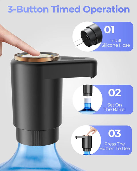 Portable Electric Water Jug Dispenser With USB C Charging Dual Motors For 2 To 5 Gallon Jugs Fast Flow Easy Fill Ideal For Home Office Camping And RV Use Dark Black showing installation steps.