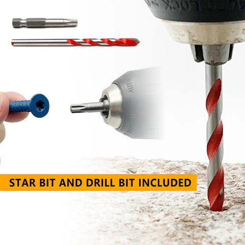 Torx Head Concrete Screws For Masonry Anchoring 3/16 x 1-1/4 Inch 50 Pack with star bit and drill bit on concrete