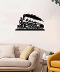 Locomotive Metal Wall Art In Matte Black For Living Room Office Or Bar A Vintage Rustic Sign And Industrial Decor That Pops Durable Metal Sculpture For Indoor Or Outdoor Use 16 Inch visible above a sofa.