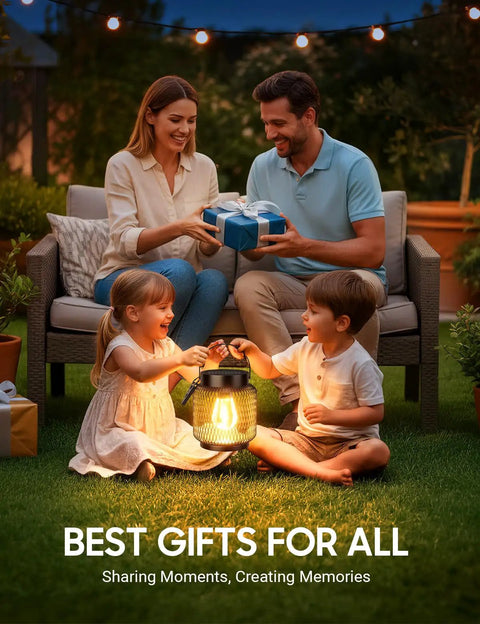 Family enjoying outdoor evening with Metal Outdoor Solar Lanterns 2 Pack Waterproof Hanging Lights For Yard Patio Path Garden Decor Up To 15 Hours