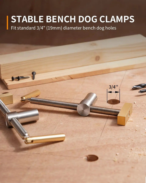 Three Quarter Inch Bench Dog Clamp Set For Woodworking Adjustable Workbench Stop Low Profile Clamp Kit For Fast Holddowns And Custom Bench Tops Ideal For Home Workshops And Professional Shops. Brass-jaw clamp shown on 3/4in bench hole.