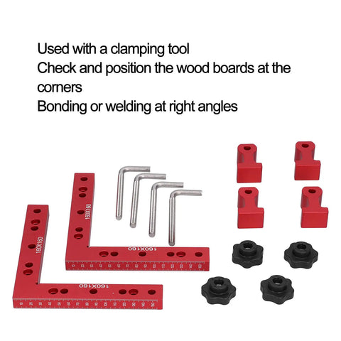 Right Angle Woodworking Clamp Set For Precise Joints With Durable Aluminum Fixture CNC Machined And Built To Last Pro Grade Two Piece Clamp Kit For Fast Accurate Corner Joints And Tight Repeatable Holds shown with components