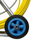Close-up of Pro Grade 8MM 150M Fiberglass Duct Rodder wheel and yellow cable for electrical installations