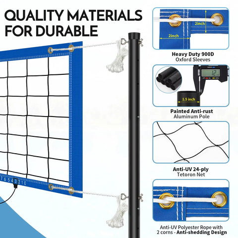 Inground Pool Volleyball Net Set With 26 Ft Adjustable Length, 3 Height Options, Durable Aluminum Poles, Easy Setup For Backyard Fun, Outdoor Pool Volleyball System With 2 Balls And Carry Bag, Blue - close-up of blue net, aluminum pole, and Oxford sleeves with quality material details.