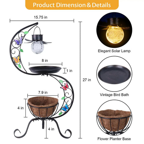 Product dimensions of Vintage Solar Bird Bath With Flower Planter Pedestal Outdoor Metal Bird Bath For Garden Yard Patio Lawn Decor Solar Powered Lighted Birdbath For Hummingbirds And Songbirds Dope Rustic Garden Centerpiece