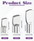 Product size details of 48 Pack Beefy Stainless Steel Shelf Support Pins With Spoon Shape Design featuring three pin sizes.