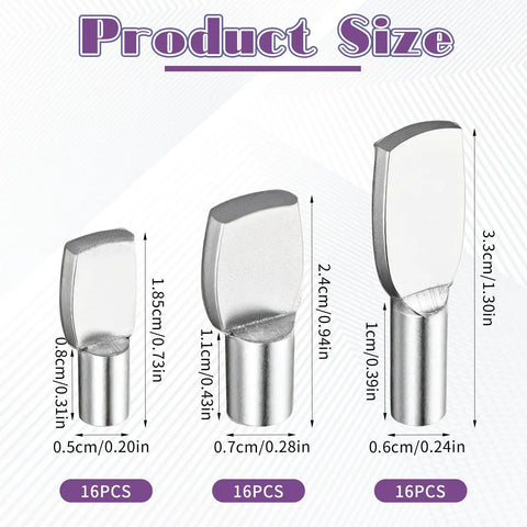 Product size details of 48 Pack Beefy Stainless Steel Shelf Support Pins With Spoon Shape Design featuring three pin sizes.