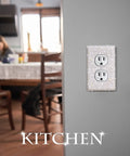 Kitchen setting with installed 4 Pack Shiny Rhinestones Light Switch Covers Faux Crystal Wall Plate Outlet Covers Silver Bling Decor for Home Ornaments Standard Size Easy To Install Vintage Glam Look.