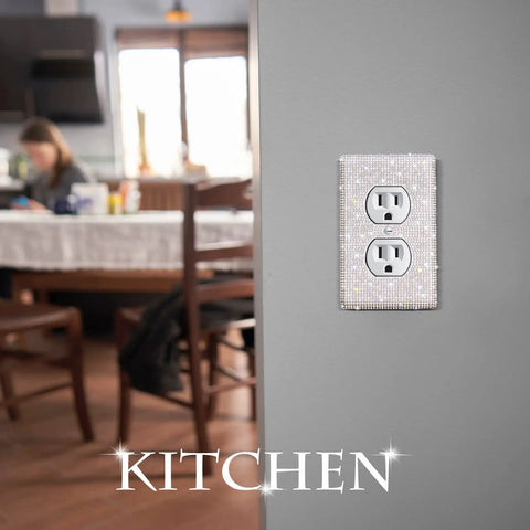 Kitchen setting with installed 4 Pack Shiny Rhinestones Light Switch Covers Faux Crystal Wall Plate Outlet Covers Silver Bling Decor for Home Ornaments Standard Size Easy To Install Vintage Glam Look.