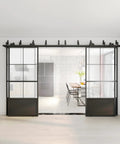 Double Bypass Frosted Tempered Glass Barn Door Kit 144 By 84 Inches With 12 Feet Double Hardware Kit Soft Close And Black Carbon Steel Frame 4 Panels Sliding Door Set No Fuss Install, installed in a modern kitchen setting.