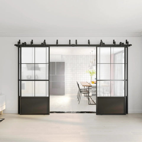 Double Bypass Frosted Tempered Glass Barn Door Kit 144 By 84 Inches With 12 Feet Double Hardware Kit Soft Close And Black Carbon Steel Frame 4 Panels Sliding Door Set No Fuss Install, installed in a modern kitchen setting.