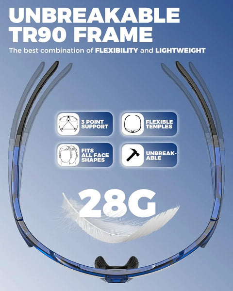 Photochromic Cycling Sunglasses For Men And Women With UV Protection TR90 Frame In Navy showing flexibility and 28g weight