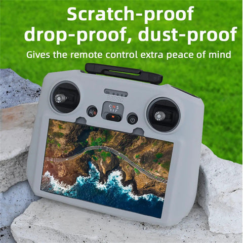 Silicone Case Cover For DJI RC 2 Remote Controller protects screen, prevents drops, scratches; grey silicone case on rocks.