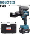 Heavy Duty Electric Hydraulic 8 Ton Battery Cable Crimping Tool With Nine Fast Swap Dies dimensions and features shown.