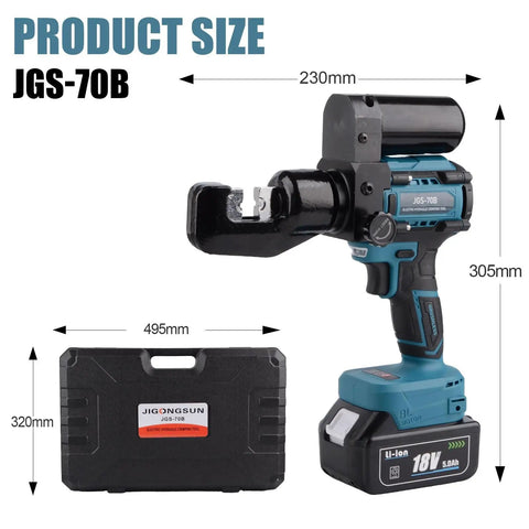 Heavy Duty Electric Hydraulic 8 Ton Battery Cable Crimping Tool With Nine Fast Swap Dies dimensions and features shown.