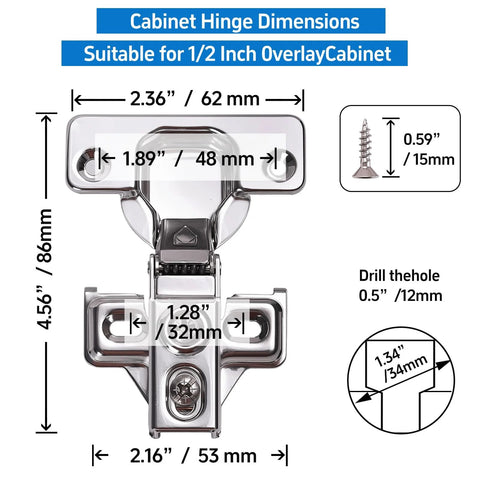 Mirdinner cabinet hinges, front view; 24-pack for 1/2 in overlay; concealed 105° self-closing stainless with screws