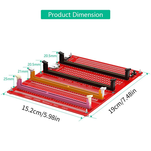 Red 4 In 1 DDR3 DDR4 DDR5 UDIMM RDIMM Memory Diagnostic Tester Card dimensions with slots for desktop and server maintenance