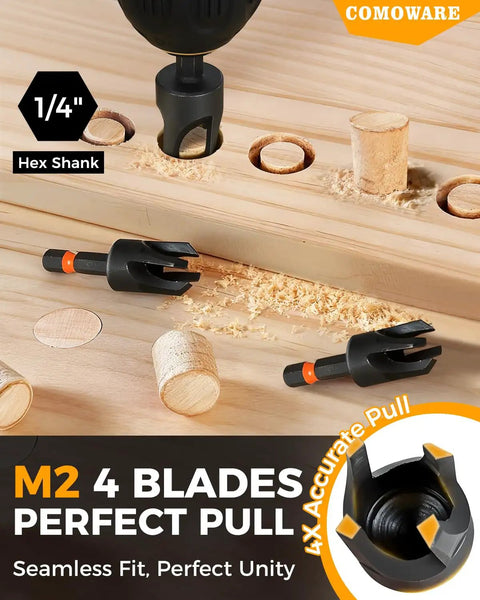 All In One Countersink Drill Bit Set For Woodworking By Comoware, 15-Piece Set, including wood plug cutters and 4 blades, shown in use.