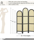 Three Panel Hand Woven Rattan Room Divider With Built Tough Pine Wood Frame No Assembly Needed dimensions and silhouette illustration.