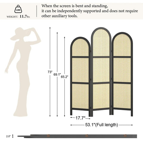 Three Panel Hand Woven Rattan Room Divider With Built Tough Pine Wood Frame No Assembly Needed dimensions and silhouette illustration.