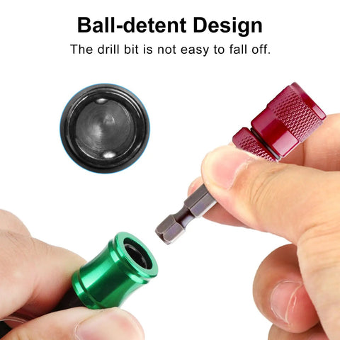 Portable One Quarter Inch Hex Shank Screwdriver Bits Holder Extension Bar Keychain shown with ball-detent design