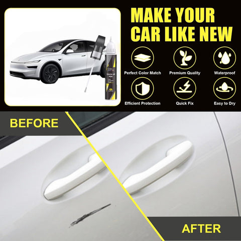 Before and after using Quicksilver PN00 Touch Up Paint Pen And Brush Kit For Tesla With Spot On Color Match Scratch Repair 2 In 1 Car Scratch Remover