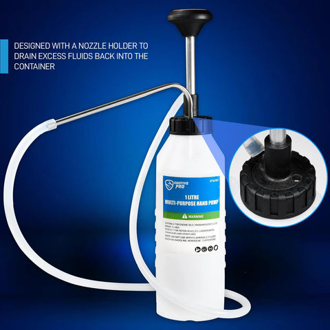 Smotive Pro 1 Litre oil transfer pump with white bottle, metal plunger, and flexible hose