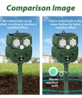 Solar Owl Motion Sensor Deterrent With Ultrasonic Sound And LED Flash Alerts For Outdoor Use Protect Your Garden Yard Patio And Perimeter From Pests Easy Setup Motion Activated Safe For Pets comparison image with stake-mounted owl in garden