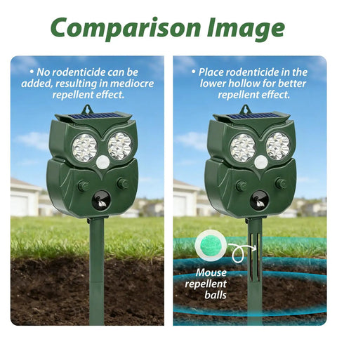 Solar Owl Motion Sensor Deterrent With Ultrasonic Sound And LED Flash Alerts For Outdoor Use Protect Your Garden Yard Patio And Perimeter From Pests Easy Setup Motion Activated Safe For Pets comparison image with stake-mounted owl in garden