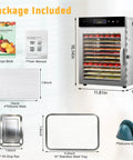 Heavy Duty 12 Tray Electric Food Dehydrator For Slick Batch Prepping Of Jerky Dried Fruit Veggie Chips And Pup Chews With 800 Watt Heating Dual Fan Setup And Reliable Digital Timer Controls package contents and dimensions