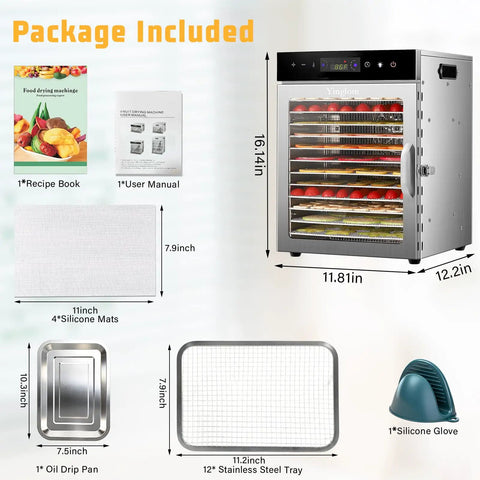 Heavy Duty 12 Tray Electric Food Dehydrator For Slick Batch Prepping Of Jerky Dried Fruit Veggie Chips And Pup Chews With 800 Watt Heating Dual Fan Setup And Reliable Digital Timer Controls package contents and dimensions