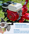 Honda GX160 Beefed Up Carburetor Replacement For GX120 GX140 GX200 Engines, shown on a small equipment background with model details.