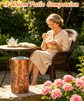 Sunflower Solar Lanterns Outdoor Waterproof Hanging Lights on patio with woman enjoying tea, featuring vintage cutout patterns.