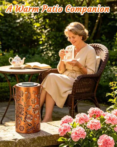 Sunflower Solar Lanterns Outdoor Waterproof Hanging Lights on patio with woman enjoying tea, featuring vintage cutout patterns.